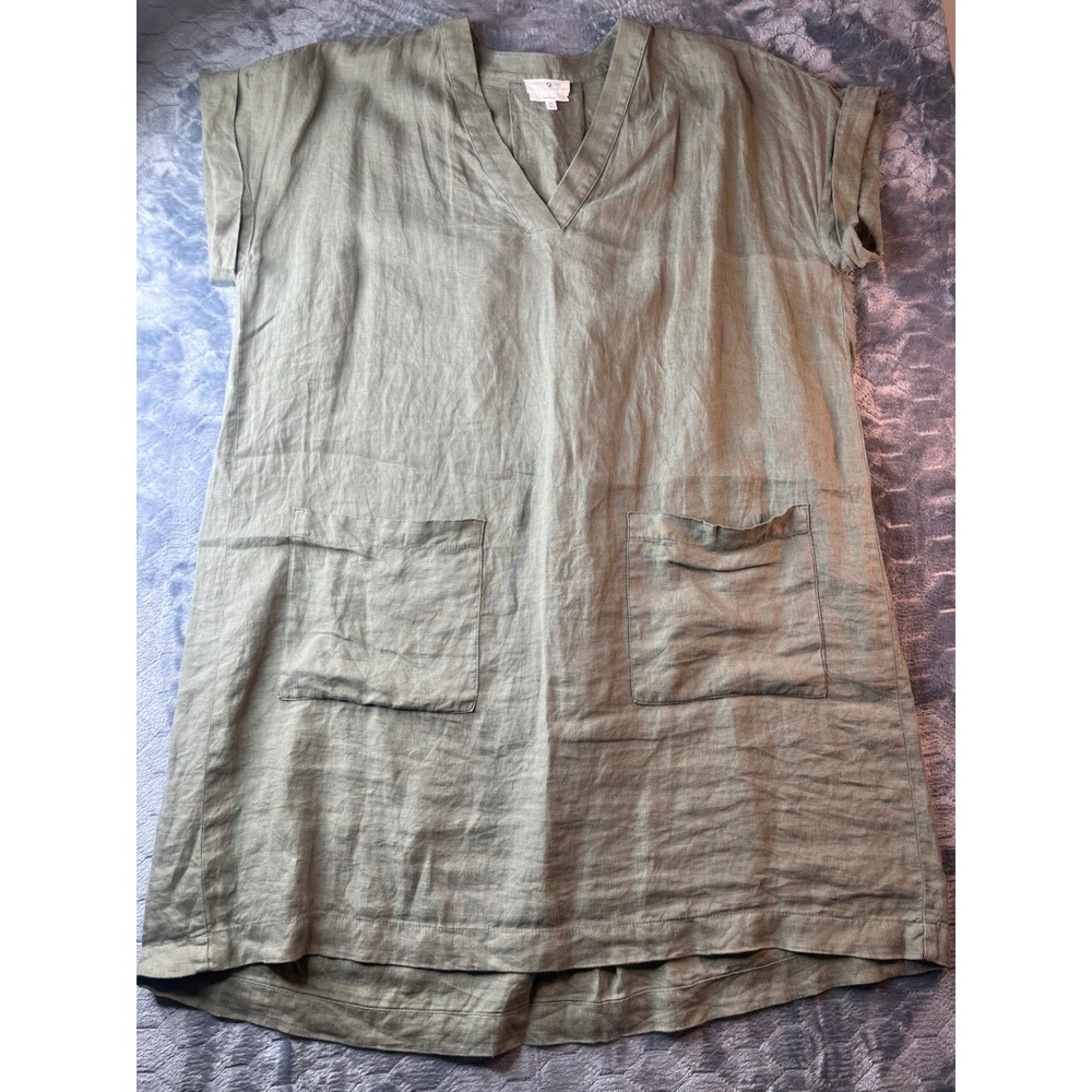 Lou & Grey 100% Linen V-Neck Shift Dress Olive Green XL Pockets Cuffed Sleeve